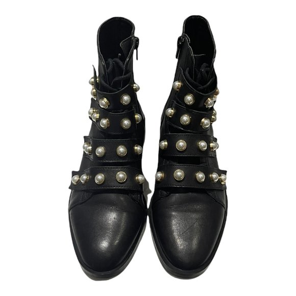 Zara Trafaluc Pearl Strap Lace Up Faux Leather Combat Ankle Boots Black … - Picture 3 of 14